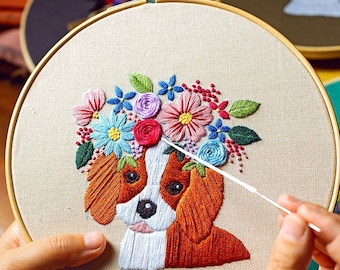 Embroidery Kit For Beginner| Modern Crewel Embroidery Kit with Pattern| Pet Embroidery Full Kit with Needlepoint Hoop| DIY Craft Kit Dog