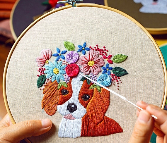 Embroidery Kit for Beginner Modern Crewel Embroidery Kit With Pattern Pet  Embroidery Full Kit With Needlepoint Hoop DIY Craft Kit Dog 