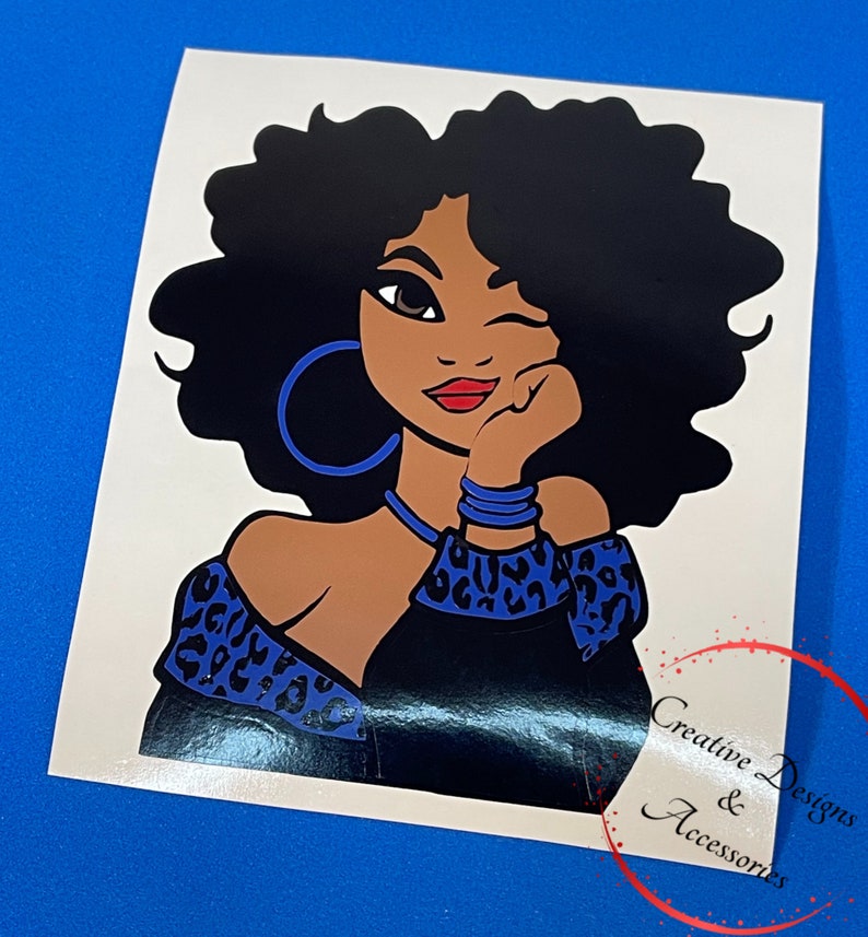 Leopard Print Afro Lady Decal, Afro Decal, Leopard Print Vinyl Decal, Leopard Print Mug Sticker, Leopard Print Tumbler Decal, Vinyl Decal Blue