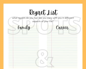 May include: A white lined paper with the title "Regret List" in a handwritten font. The paper is divided into four sections labeled "Family", "Career", "Experiences", and "Love". The text "what regrets do you feel like you carry with you in different aspects of your life?" is above the sections.