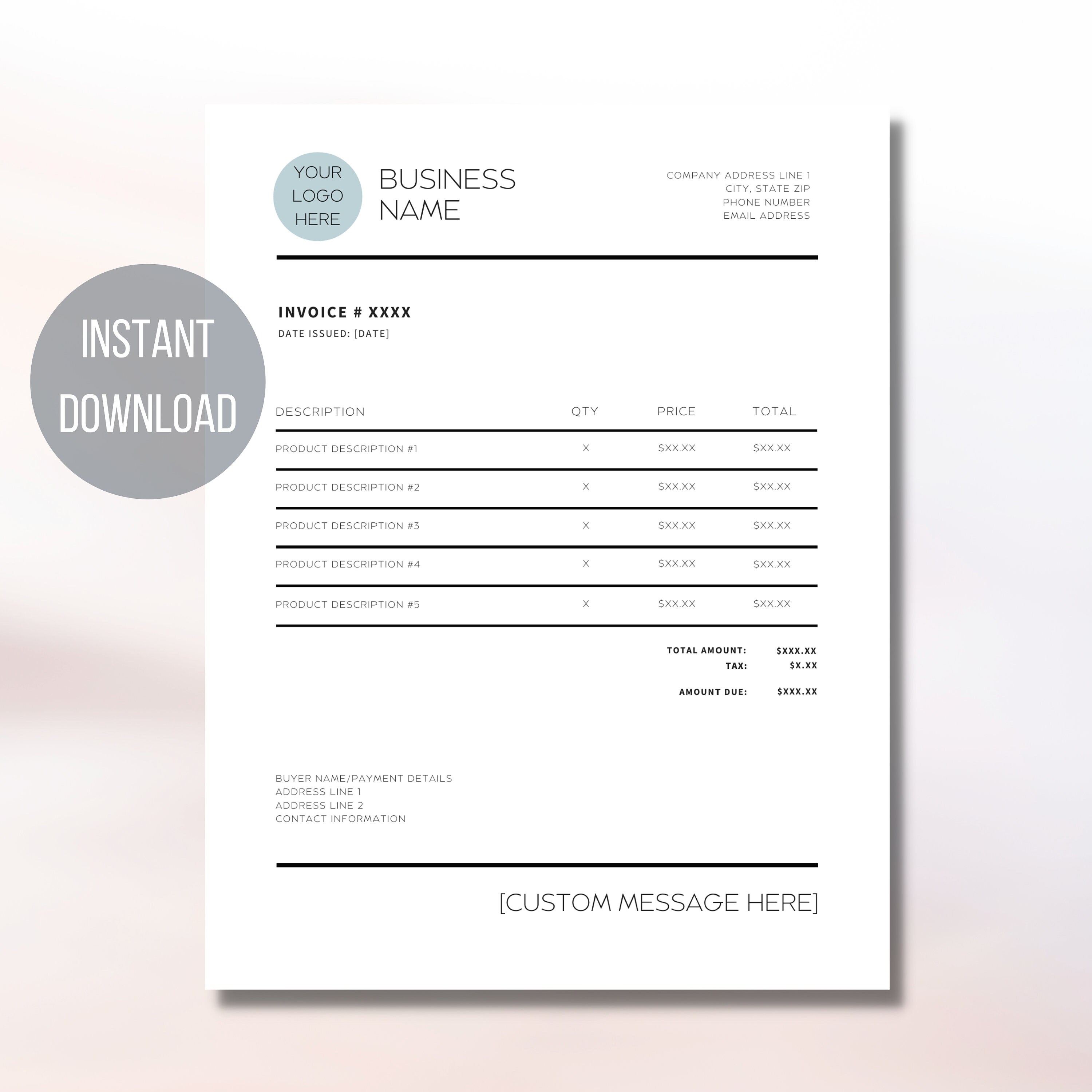 invoice template printable invoice download minimalist etsy