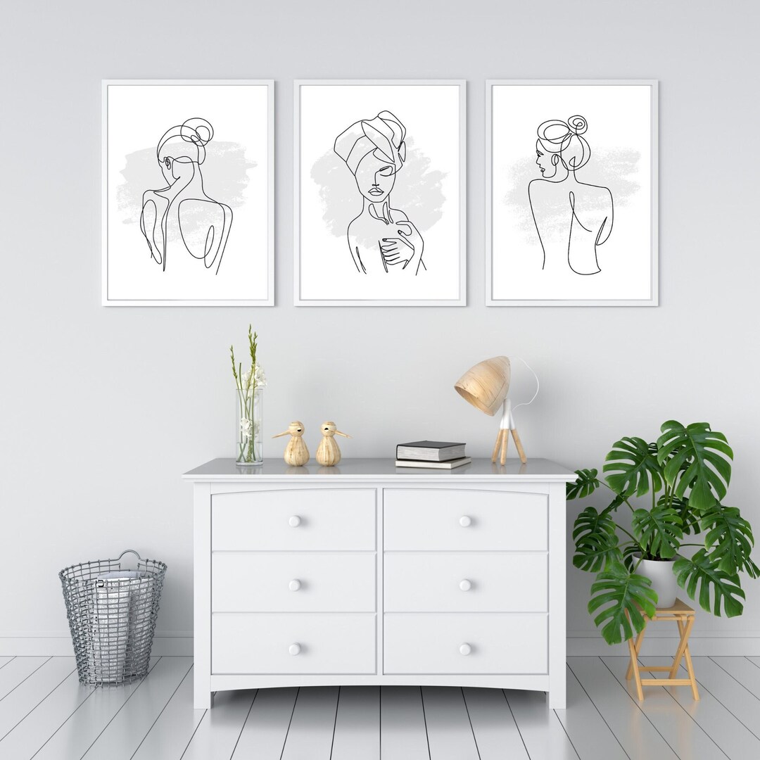 Set of Three One Line Art Bathroom Prints Grey Bathroom - Etsy
