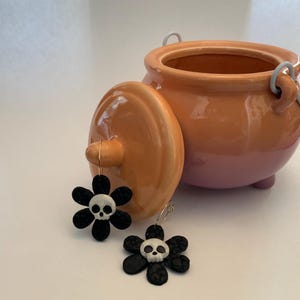 Flower skull polymer clay earrings, black and white