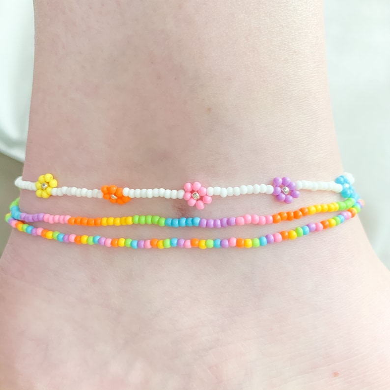 Stretchy Anklet Gift Anklet Daisy Chain Rainbow Anklet Rainbow Anklet Stack Dainty Seed Bead Anklet