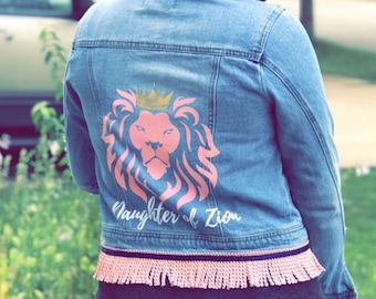 Daughter of Zion Women's Denim Jacket With Fringes | Jean Jacket | Custom Women's Denim Jacket | Israelite Clothing | Lion Of Judah