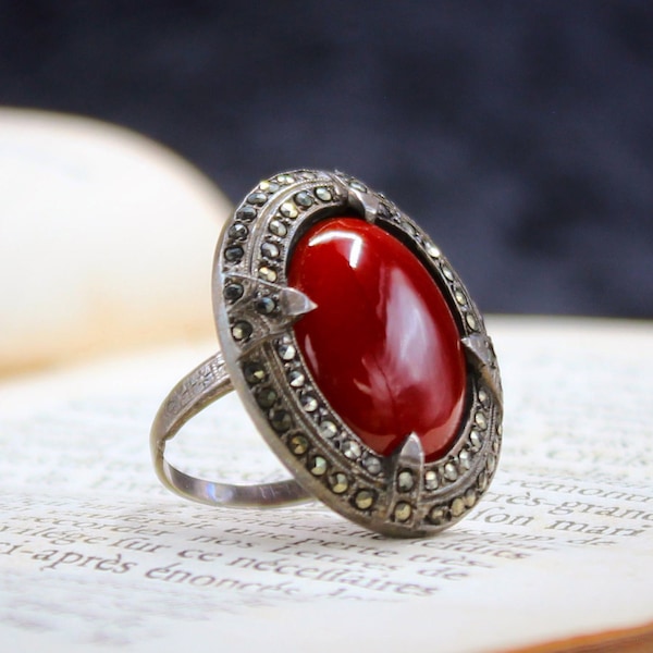 Fine Antique Art Deco 925 Sterling Silver Scrolled Band + Red Carnelian + Marcasite Baroness Ring Size 4 - Authentic Jewelry of the 1920s