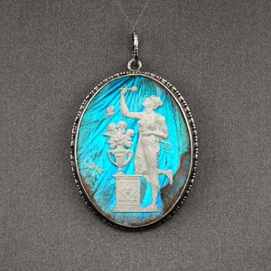 Fine Antique Art Nouveau 925 Sterling Silver Painted Butterfly Wing Pendant Classical Greek Cameo Figure- Authentic Jewelry of the 1920s-30s