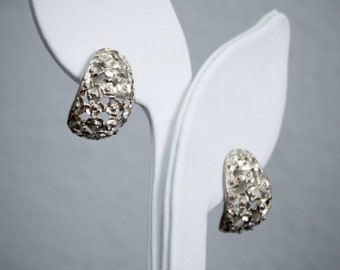 Vintage Ornate 925 Sterling Silver Lace Openwork Midcentury Baroque Half Hoop, Huggie Earrings *1950s, 1960s Style Glamour*