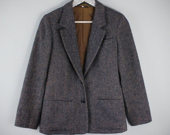 Women's Blue, Bronze Herringbone Wool Blend Menswear Style Blazer w/ Woven Look Buttons, Size "10" (8) / Medium *Vintage New, Tailor Made*