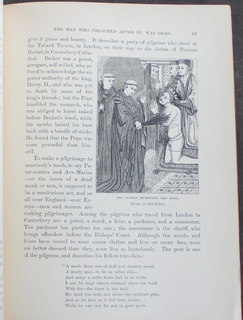 May include: A vintage black and white illustration from a book shows a historical scene. Monks are depicted humbling a kneeling figure, with accompanying text. The image is from an old print.