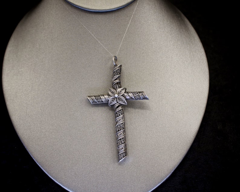 Large Antique Victorian 925 Sterling Silver Cannetille Flower Cross Reversible Pendant image 3