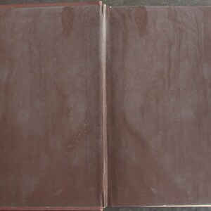May include: An open book with a dark brown cover. The pages are visible, and the book is lying flat. The cover has a slightly textured appearance, with a darker shade of brown along the edges.