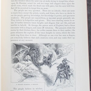 May include: A black and white illustration from a book shows a knight on horseback fighting a dragon. The knight is depicted with a raised sword, facing the dragon. The text at the bottom reads "A Knight Fighting a Dragon."