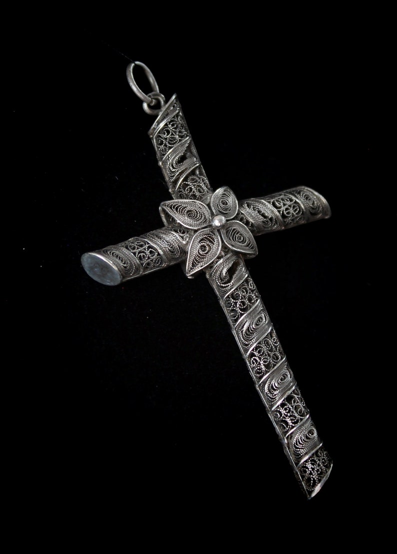 Large Antique Victorian 925 Sterling Silver Cannetille Flower Cross Reversible Pendant image 8