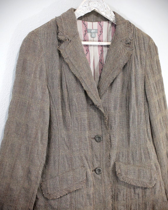 Women's Taupe Brown Linen Coat w/ Antique Details… - image 5