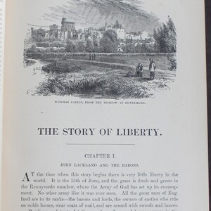 May include: A vintage book page with a detailed monochrome illustration of Windsor Castle from Runnymede meadow. The text reads "THE STORY OF LIBERTY" and describes events of June 15th.