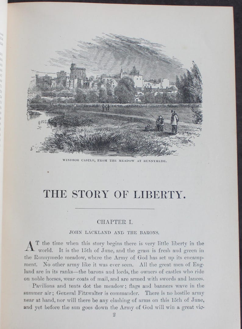 May include: A vintage book page with a detailed monochrome illustration of Windsor Castle from Runnymede meadow. The text reads "THE STORY OF LIBERTY" and describes events of June 15th.