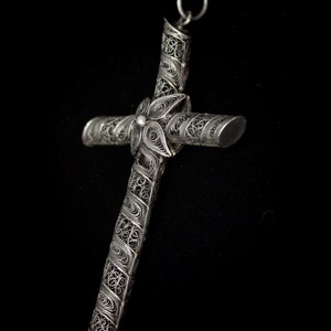 Large Antique Victorian 925 Sterling Silver Cannetille Flower Cross Reversible Pendant image 10