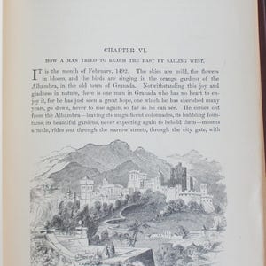 May include: A page from a book featuring text and an illustration. The text reads "HOW A MAN TRIED TO REACH THE EAST BY SAILING WEST." The illustration is a detailed black and white drawing of a castle and its surroundings.
