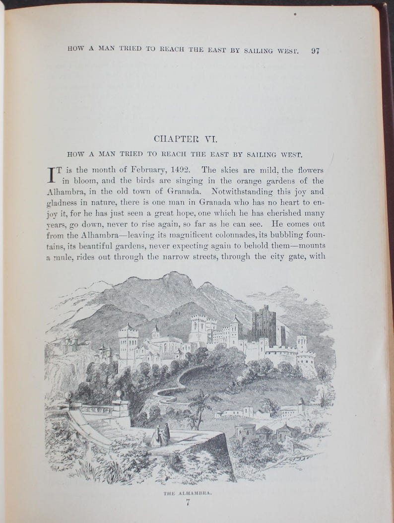 May include: A page from a book featuring text and an illustration. The text reads "HOW A MAN TRIED TO REACH THE EAST BY SAILING WEST." The illustration is a detailed black and white drawing of a castle and its surroundings.