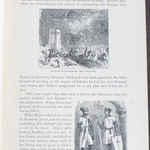 May include: A page from an antique book with two illustrations. The top illustration shows a battle scene with horsemen and a tower. The bottom illustration depicts two crusaders in armour, holding swords and shields.