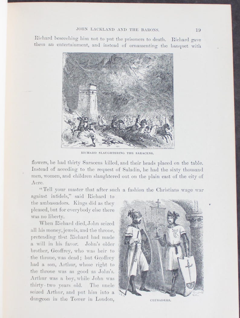 May include: A page from an antique book with two illustrations. The top illustration shows a battle scene with horsemen and a tower. The bottom illustration depicts two crusaders in armour, holding swords and shields.