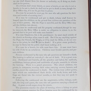 May include: Aged book page with the title "THE MEN WHO ASK QUESTIONS." The text details punishments for heresy and blasphemy, including being burned at the stake. The page has visible text.