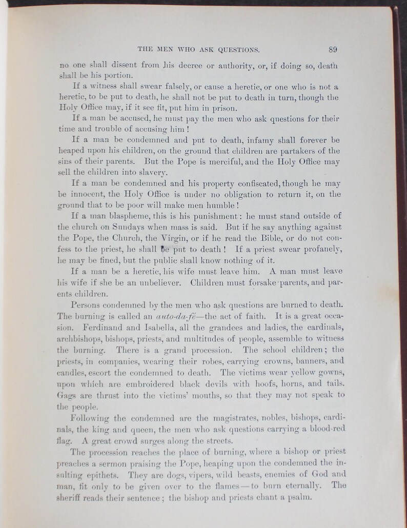 May include: Aged book page with the title "THE MEN WHO ASK QUESTIONS." The text details punishments for heresy and blasphemy, including being burned at the stake. The page has visible text.
