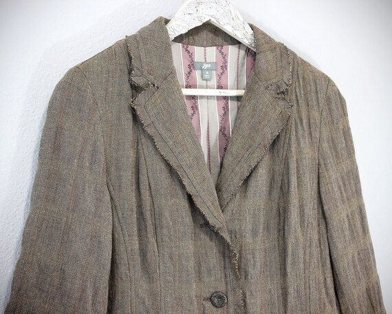 Women's Taupe Brown Linen Coat w/ Antique Details… - image 6