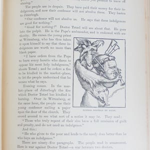 May include: A book page featuring text and a black and white illustration. The illustration shows a devil-like figure playing a horn, with a man's head and other figures. The text discusses religious indulgences and the actions of Doctor Tetzel.