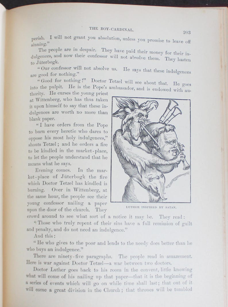 May include: A book page featuring text and a black and white illustration. The illustration shows a devil-like figure playing a horn, with a man's head and other figures. The text discusses religious indulgences and the actions of Doctor Tetzel.