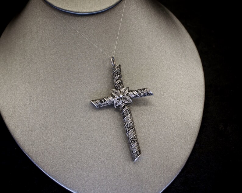 Large Antique Victorian 925 Sterling Silver Cannetille Flower Cross Reversible Pendant image 4