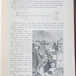 May include: A page from an old book featuring text and a monochrome illustration of a Spanish street scene. The text details historical events. The illustration shows buildings, a bridge, and people.