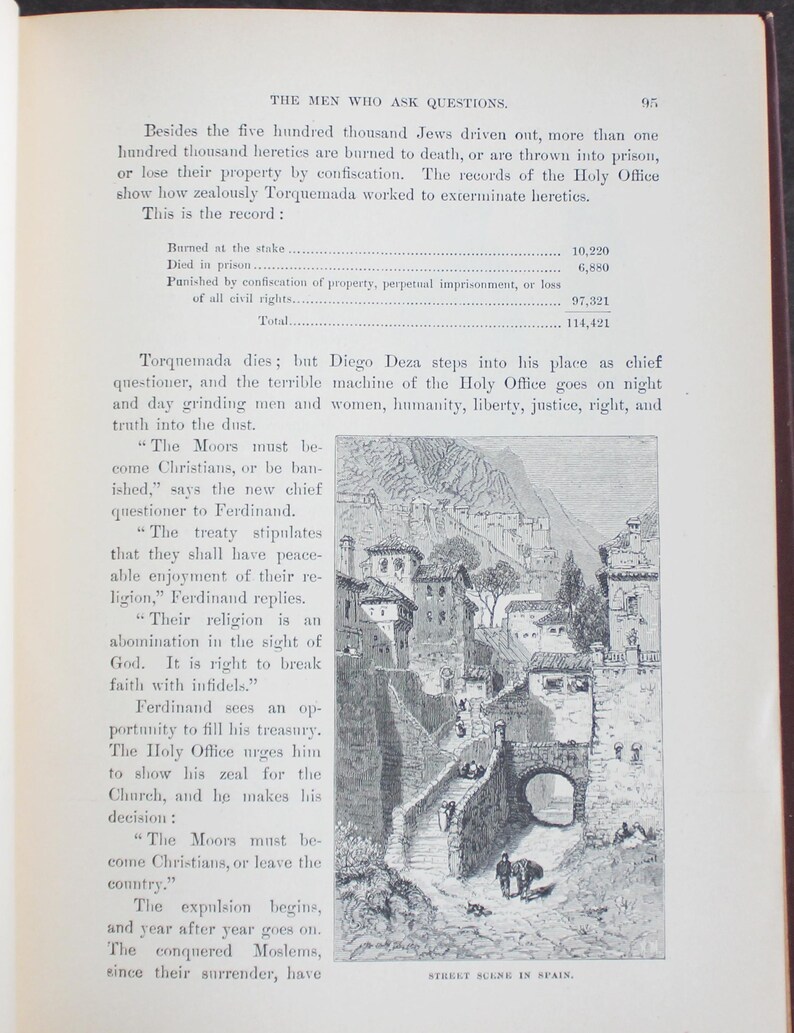 May include: A page from an old book featuring text and a monochrome illustration of a Spanish street scene. The text details historical events. The illustration shows buildings, a bridge, and people.