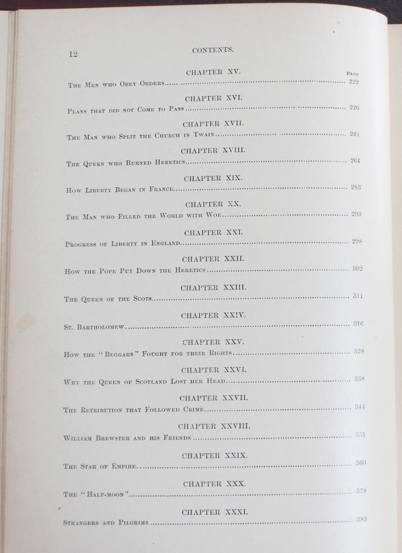 May include: A book's contents page, featuring chapter titles and page numbers. Titles include "The Man Who Split the Church in Twain" and "Why the Queen of Scotland Lost Her Head." The page is aged.