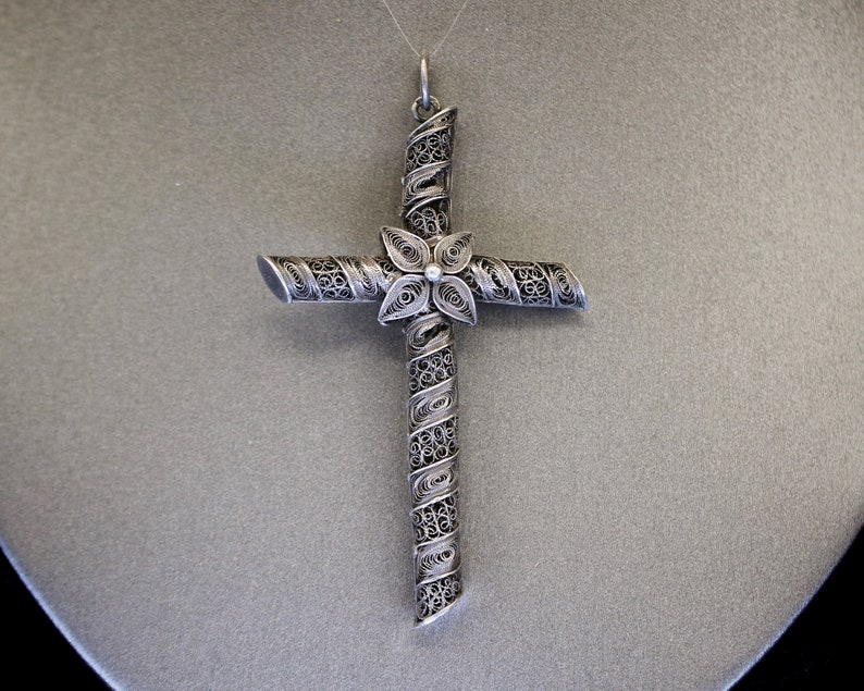 Large Antique Victorian 925 Sterling Silver Cannetille Flower Cross Reversible Pendant image 2