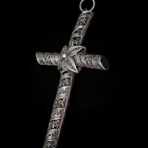 Large Antique Victorian 925 Sterling Silver Cannetille Flower Cross Reversible Pendant image 7