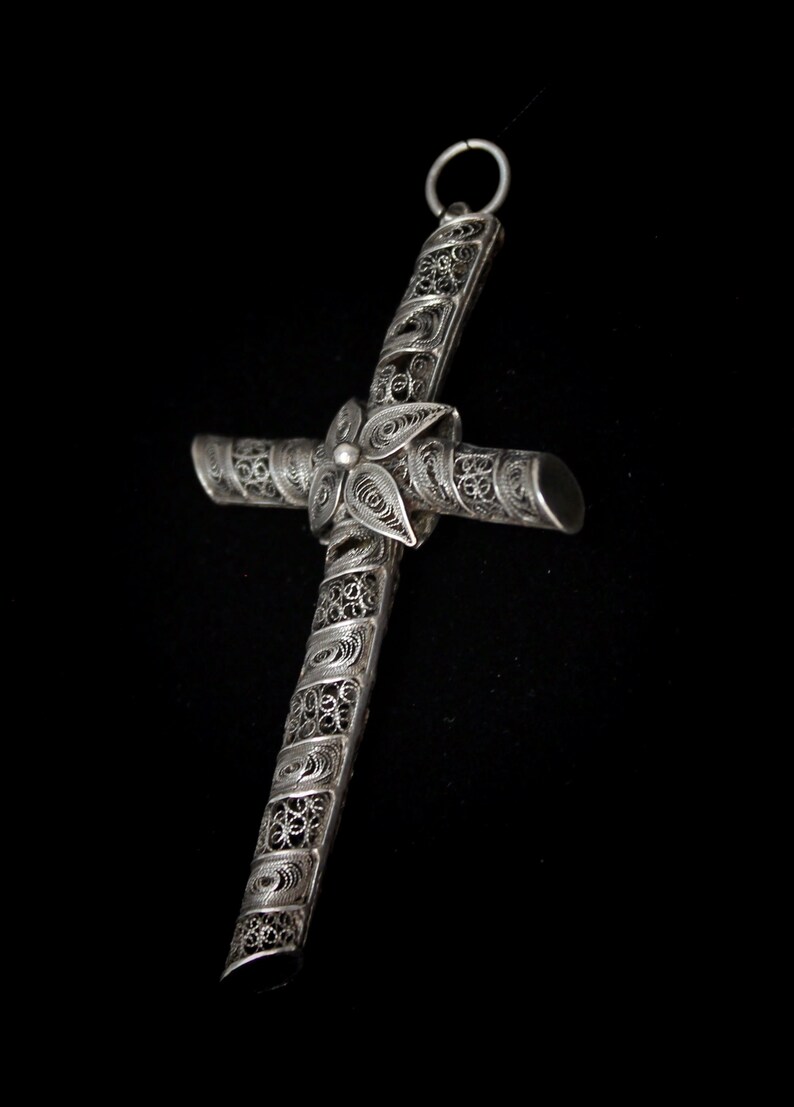 Large Antique Victorian 925 Sterling Silver Cannetille Flower Cross Reversible Pendant image 7