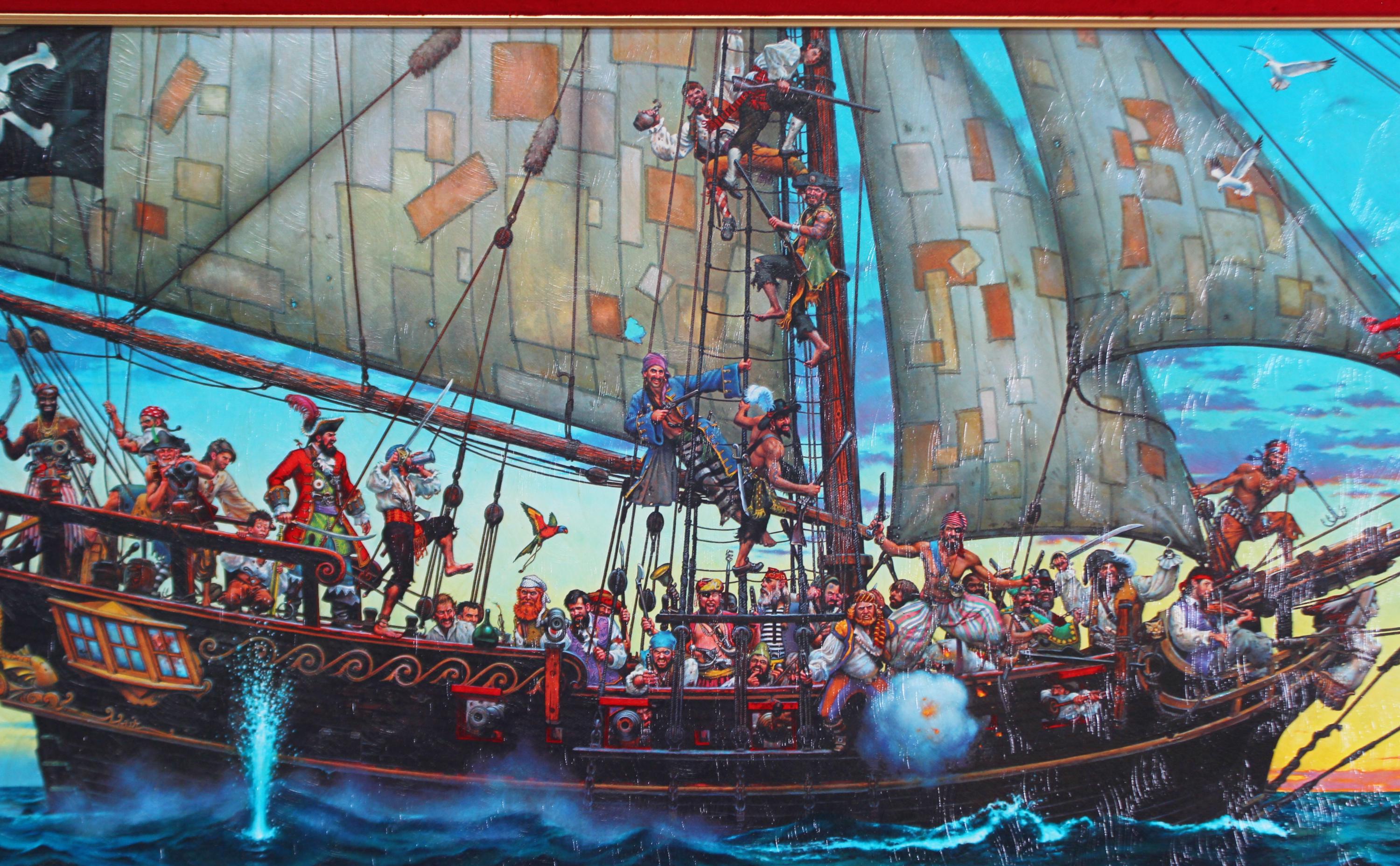 ENORMOUS Gilt Framed Textured Art Print Pirate Ship 