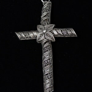 Large Antique Victorian 925 Sterling Silver Cannetille Flower Cross Reversible Pendant image 6