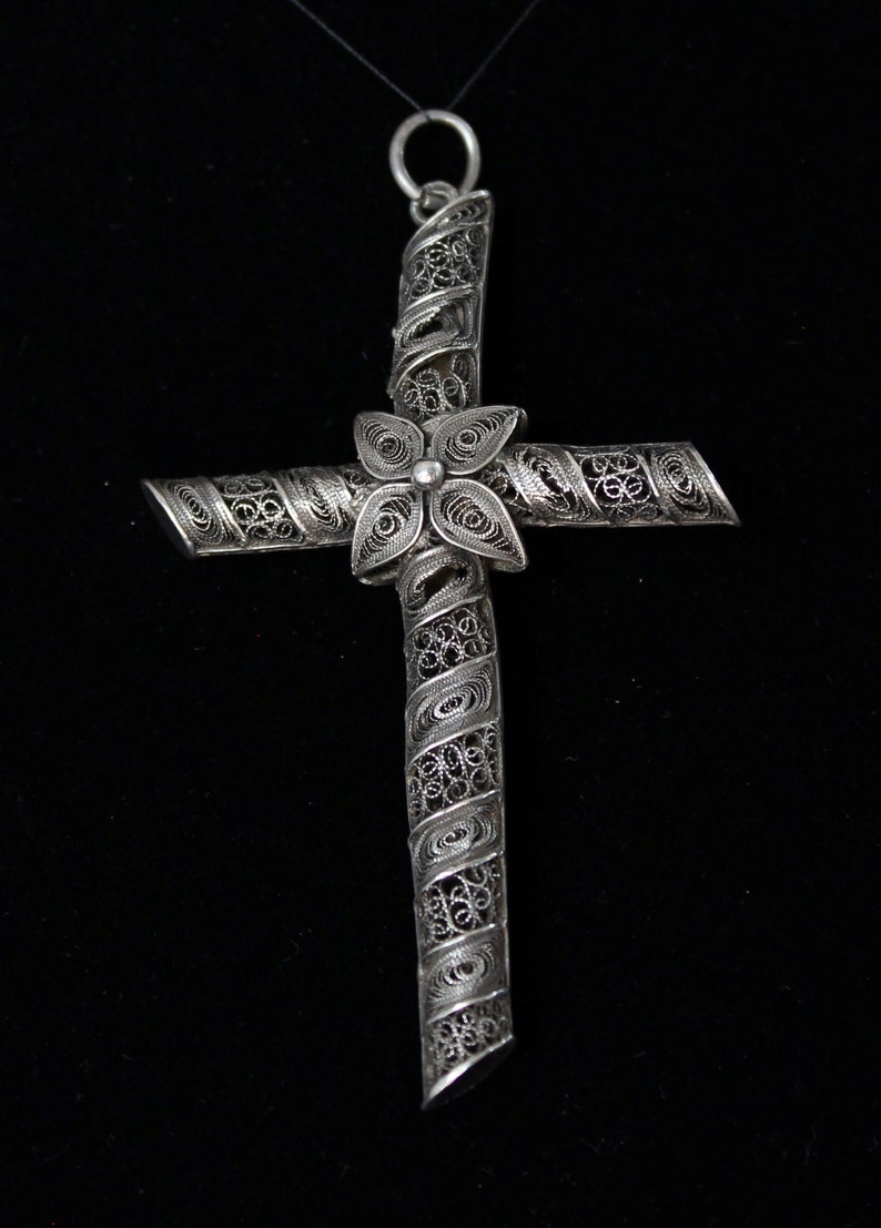 Large Antique Victorian 925 Sterling Silver Cannetille Flower Cross Reversible Pendant image 6