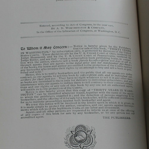 30 Years in Washington Memoirs shops 1901 Illustrated 1st Edition Rare Antique Old Book of United States History