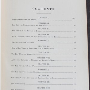 May include: An antique book's contents page, displaying chapter titles and page numbers. The heading "CONTENTS" is centrally positioned. The text is printed in black ink on aged, off-white paper, typical of vintage books.