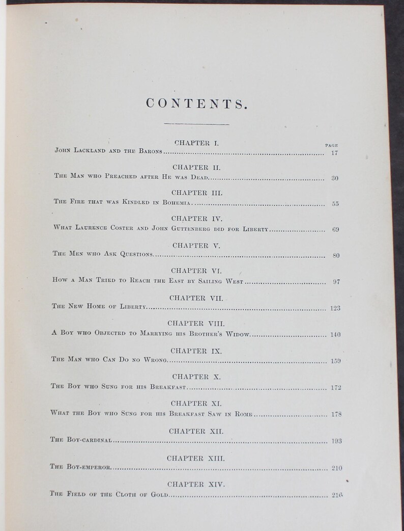 May include: An antique book's contents page, displaying chapter titles and page numbers. The heading "CONTENTS" is centrally positioned. The text is printed in black ink on aged, off-white paper, typical of vintage books.