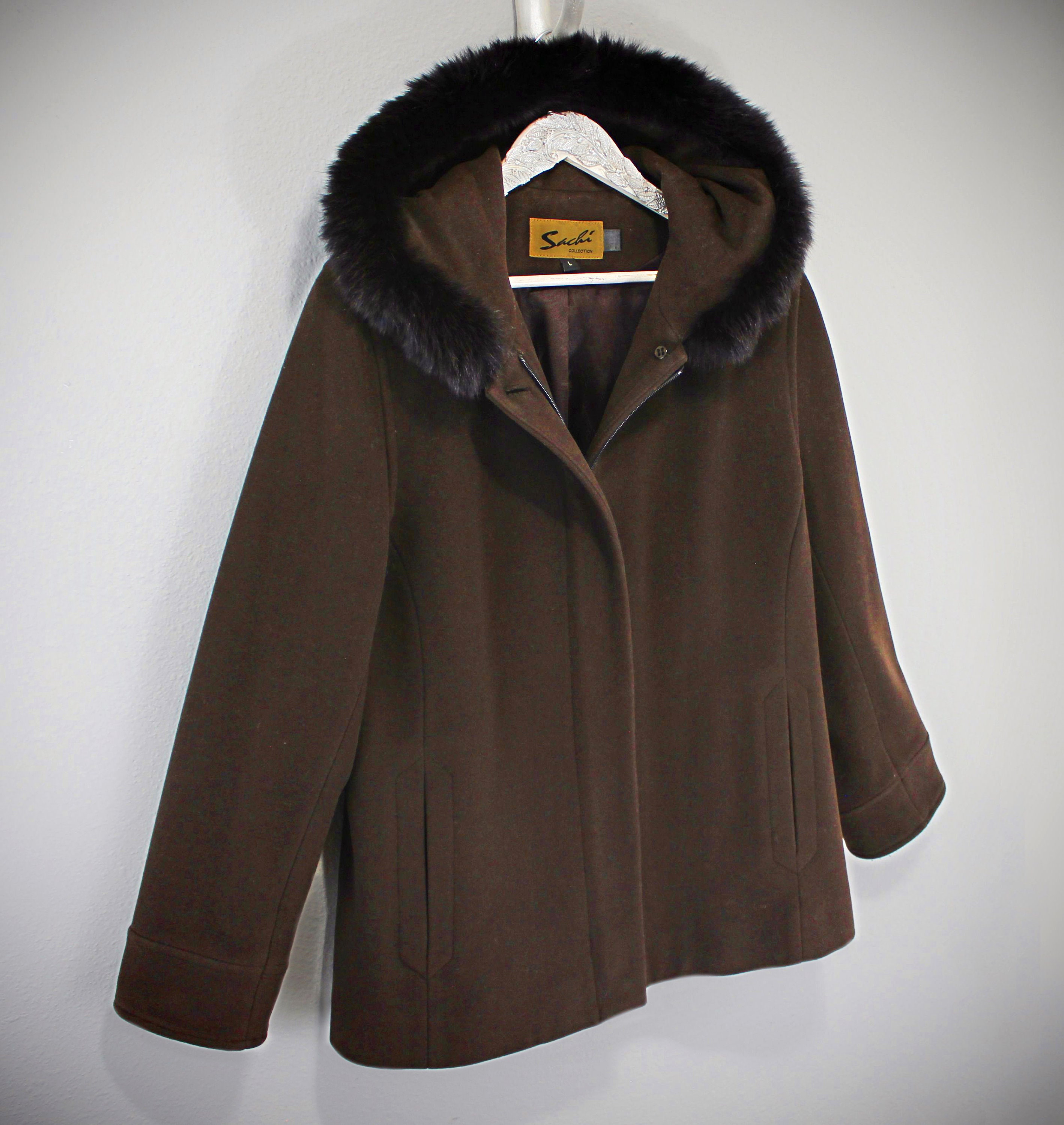 男女兼用 Chocolate Brown Black Authentic W/ Lined Coat Hooded Wool ジャケット・アウター