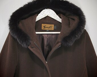 Chocolate Brown Wool Hooded Coat Lined W/ Authentic Black Finnish