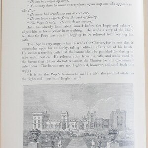 May include: A page from a book, "The Story of Liberty", featuring text about the Pope and the rights of Englishmen. The page includes a detailed illustration of Windsor Castle, a black and white drawing. The text is in English.