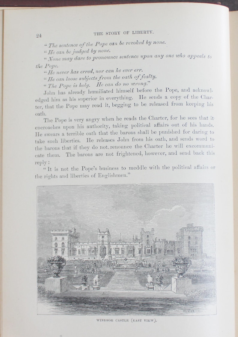 May include: A page from a book, "The Story of Liberty", featuring text about the Pope and the rights of Englishmen. The page includes a detailed illustration of Windsor Castle, a black and white drawing. The text is in English.