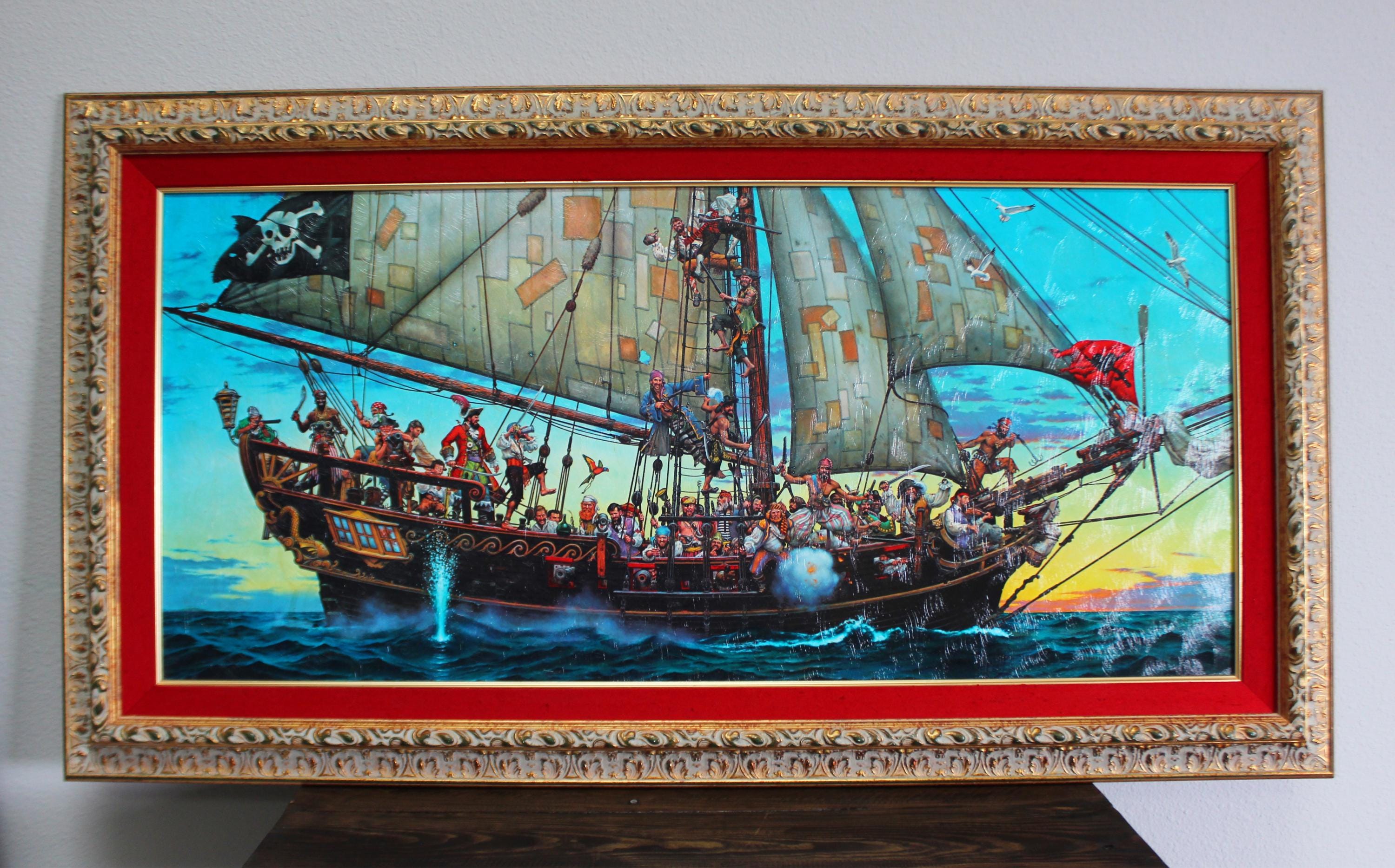 ENORMOUS Gilt Framed Textured Art Print Pirate Ship 