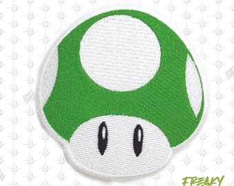 inspired 8 Bit Shiny Metallic Embroidery Super mario bros Mario 1up mushroom Iron on patch